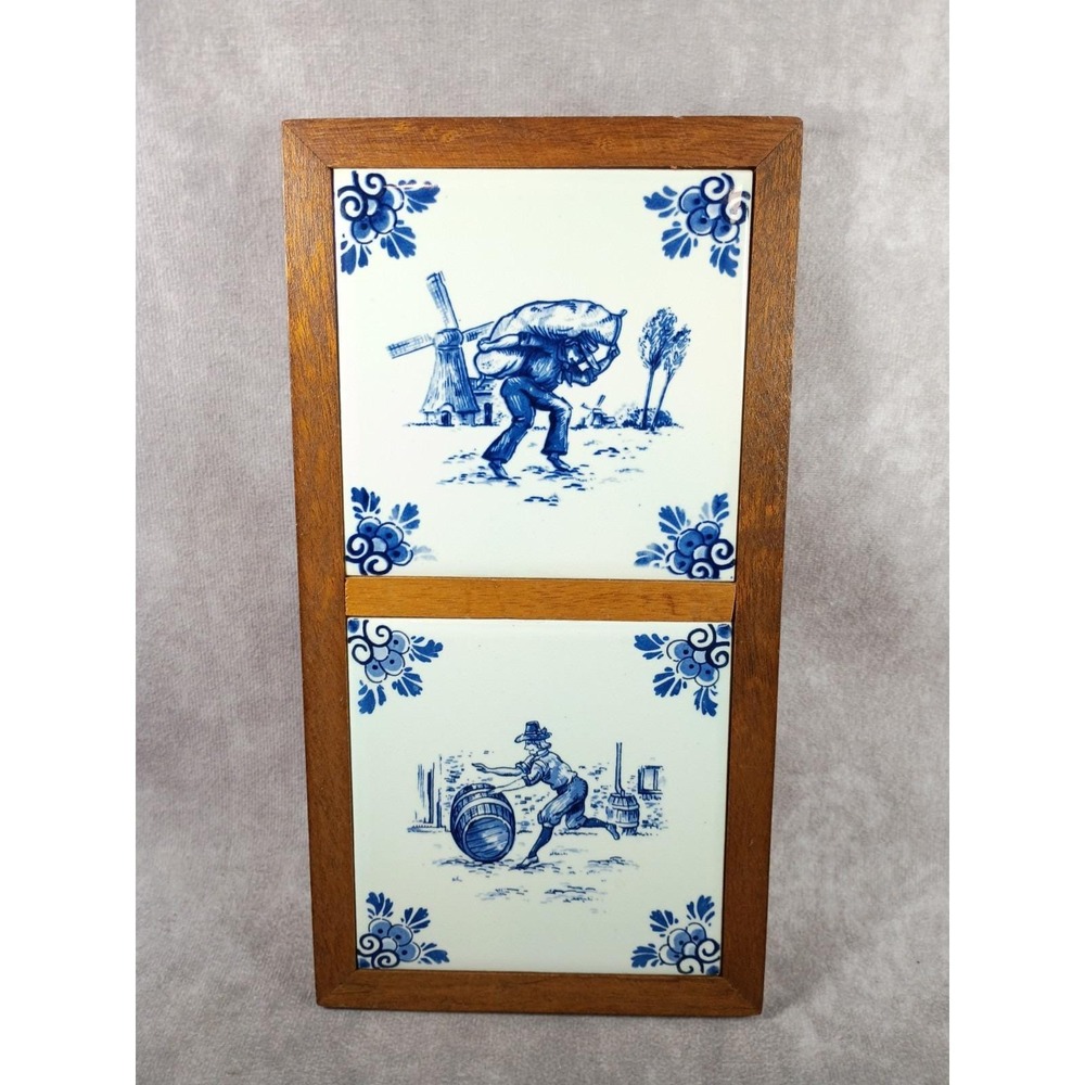 Vintage Delft Hand-painted Tiles Cased Wood 10" x 5.25" Windmill Made In Holland
